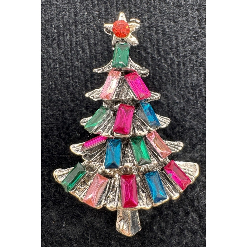Rhinestone Christmas Tree Brooch Pink Green Blue Retro Holiday Pin